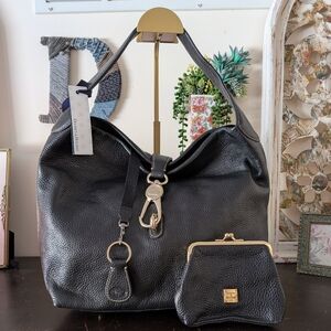 Dooney & Bourke Black Pebbled Leather Logo Lock Shoulder Bag + Coin Purse